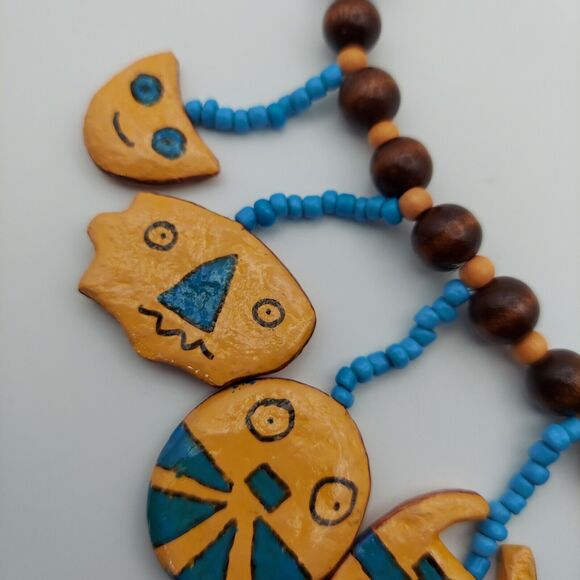 Vtg Hand Painted Wood Face Charm Necklace Southwest Tribal Mask Boho Bead Dangle - Picture 9 of 16